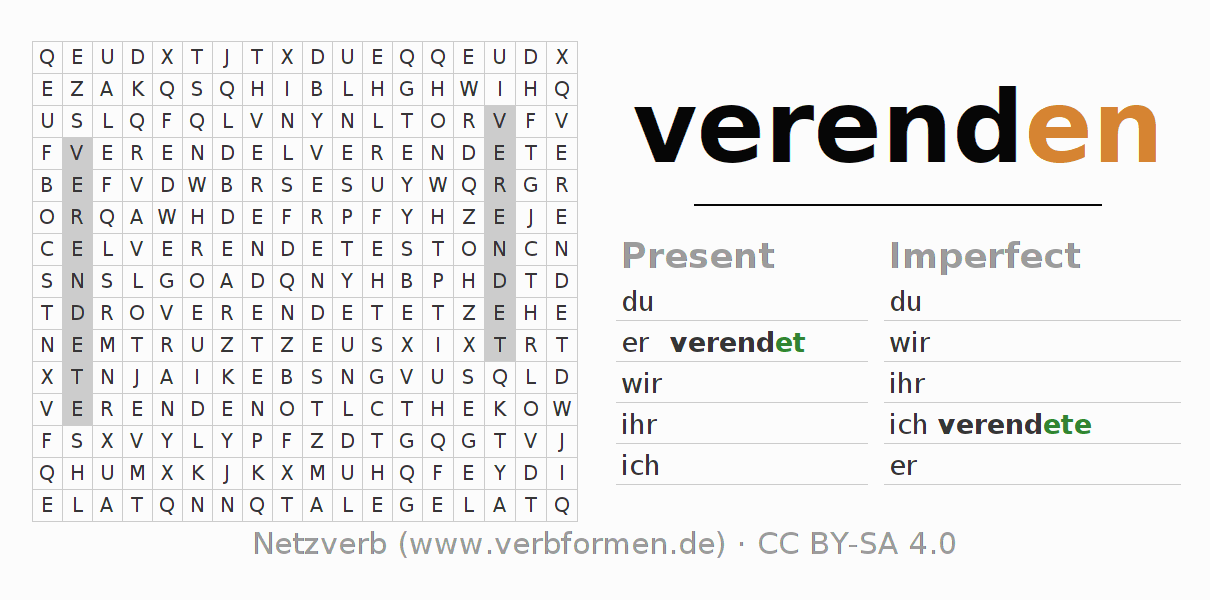 Word search puzzle for conjugation of German verb verenden