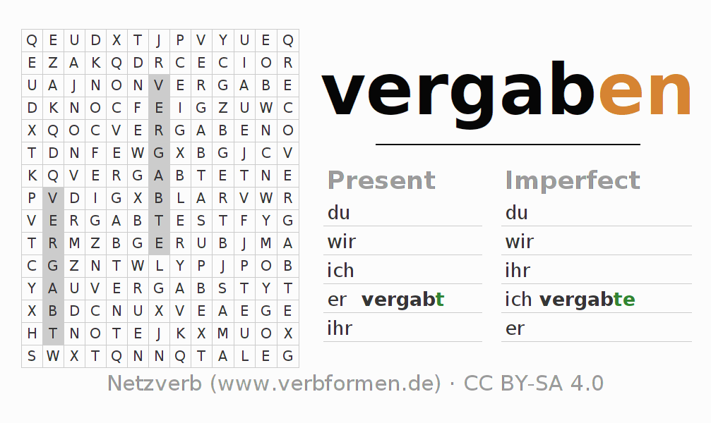Word search puzzle for conjugation of German verb vergaben