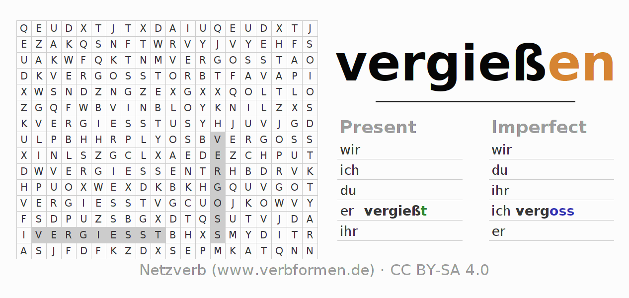 Word search puzzle for conjugation of German verb vergießen