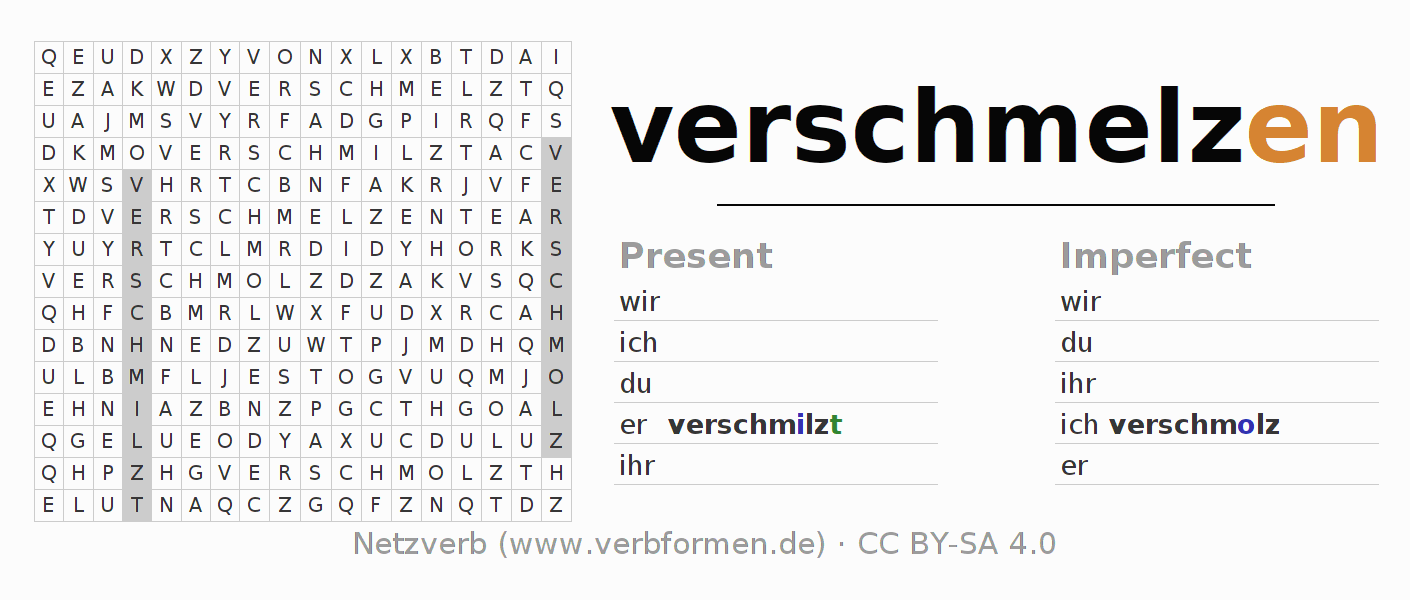 Word search puzzle for conjugation of German verb verschmelzen (hat)
