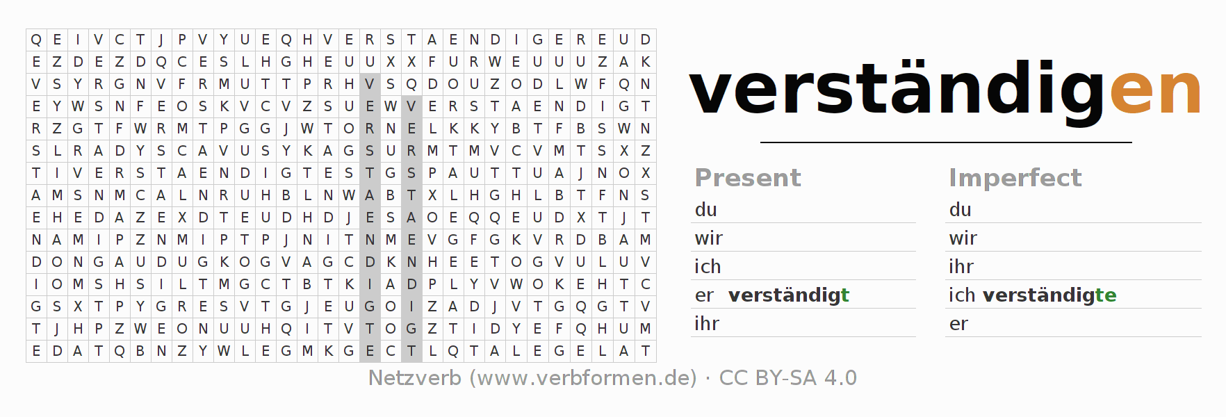 Word search puzzle for conjugation of German verb verständigen