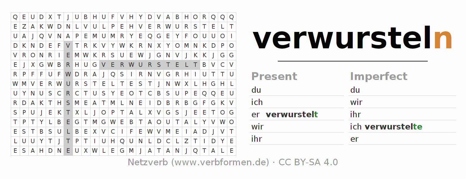 Word search puzzle for conjugation of German verb verwursteln