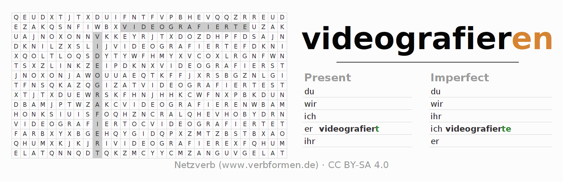 Word search puzzle for conjugation of German verb videografieren