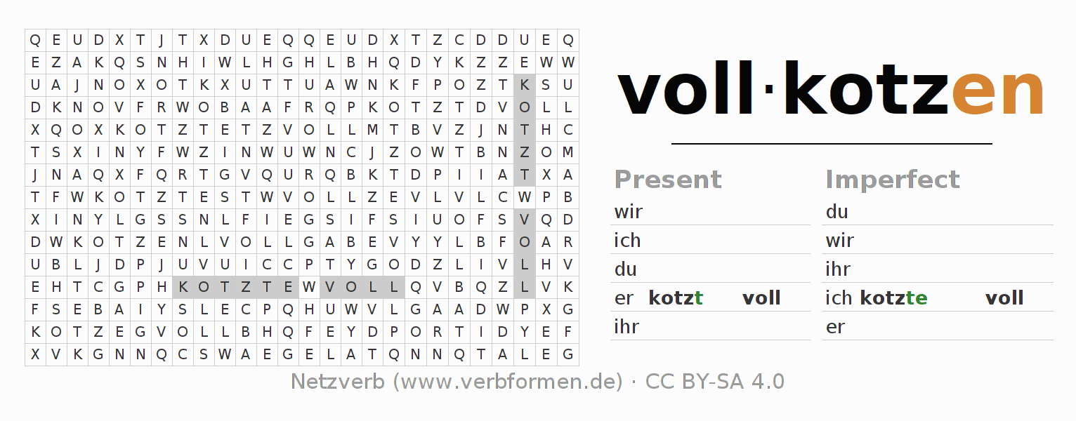 Word search puzzle for conjugation of German verb vollkotzen