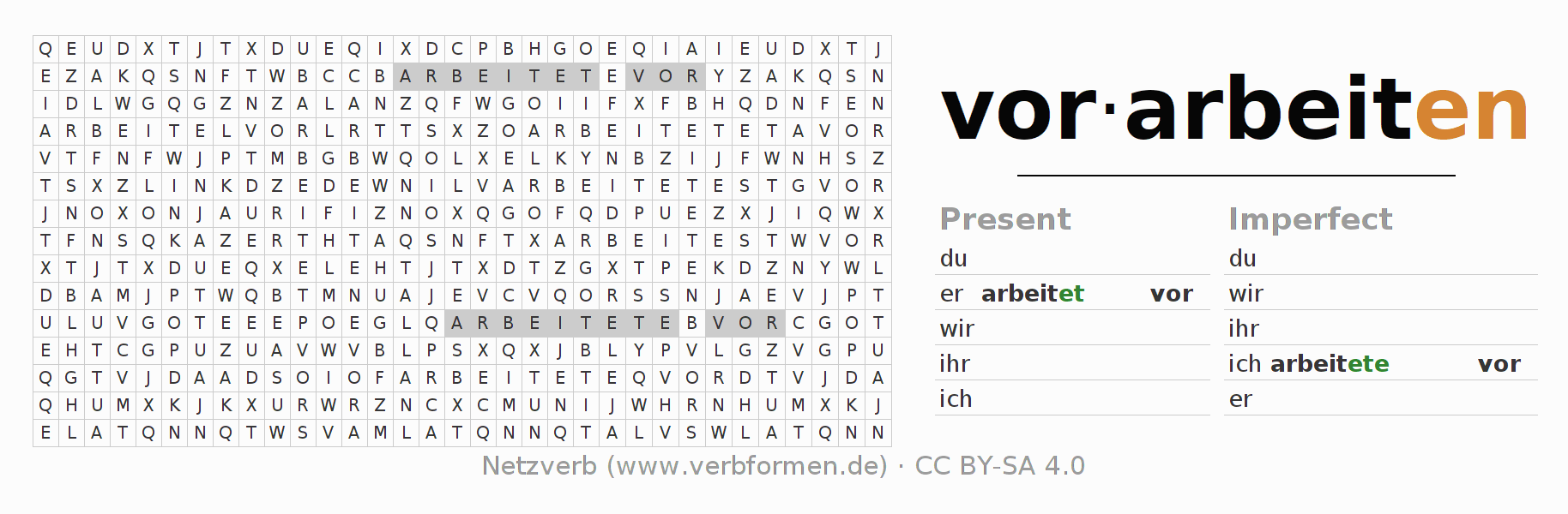 Word search puzzle for conjugation of German verb vorarbeiten
