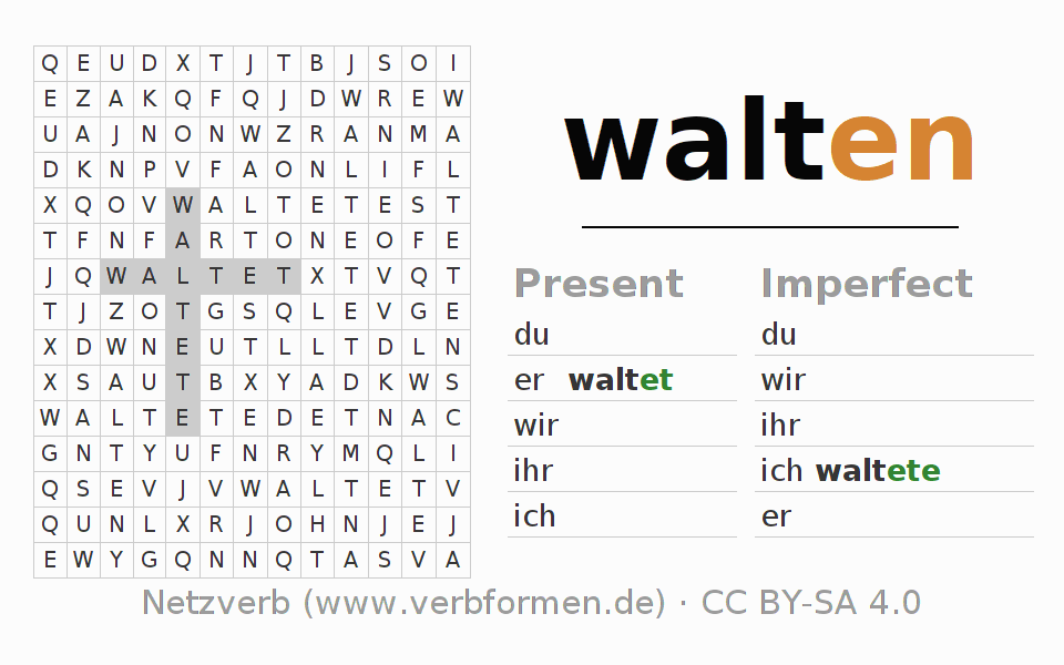 Word search puzzle for conjugation of German verb walten