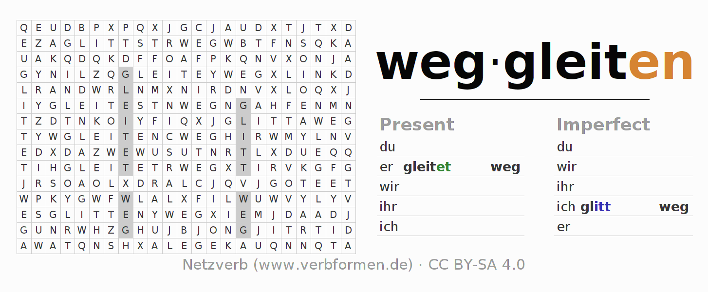 Word search puzzle for conjugation of German verb weggleiten