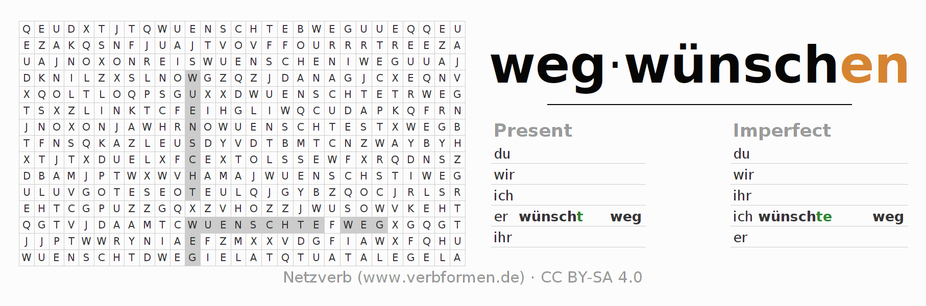 Word search puzzle for conjugation of German verb wegwünschen