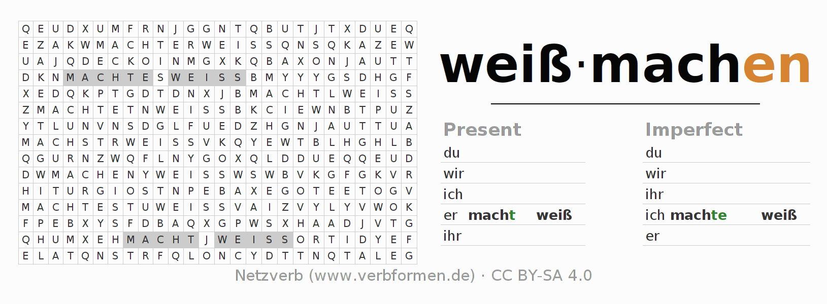 Word search puzzle for conjugation of German verb weißmachen