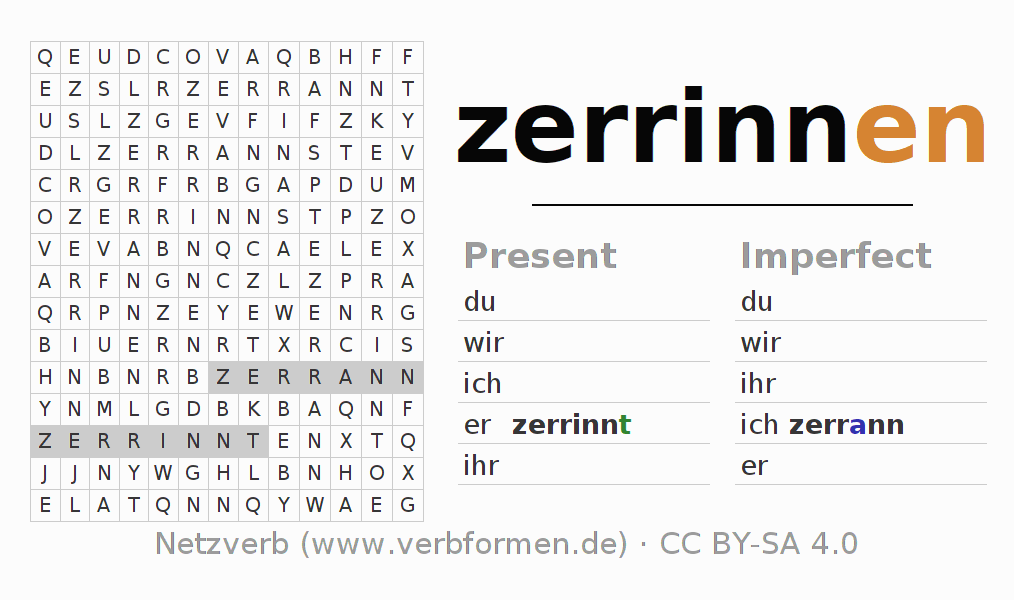 Word search puzzle for conjugation of German verb zerrinnen
