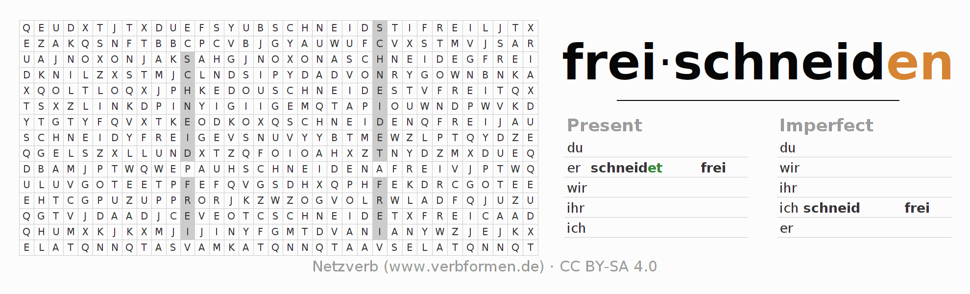 Word search puzzle for conjugation of German verb freischneiden