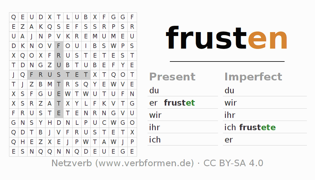 Word search puzzle for conjugation of German verb frusten