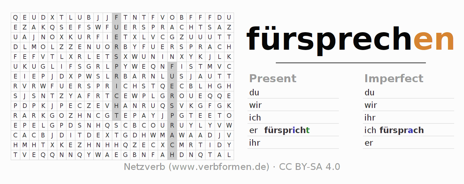 Word search puzzle for conjugation of German verb fürsprechen