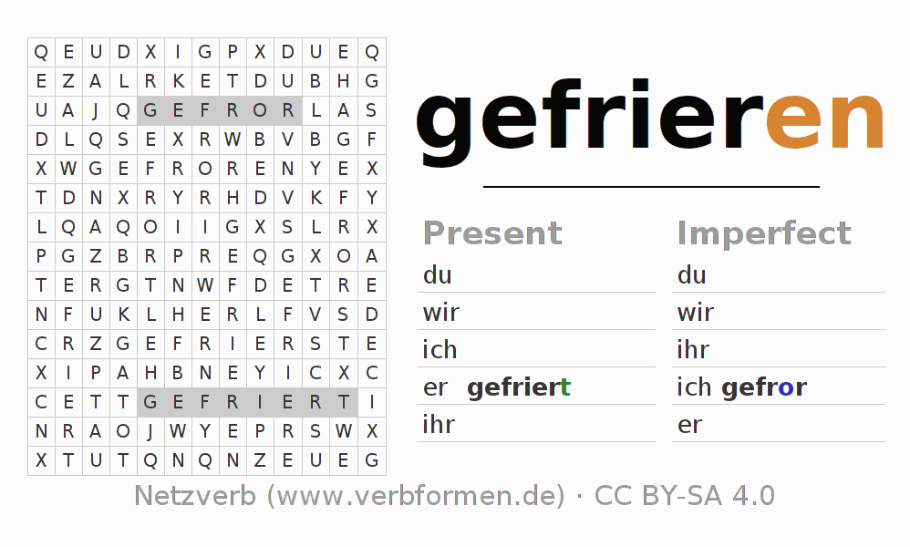 Word search puzzle for conjugation of German verb gefrieren (hat)