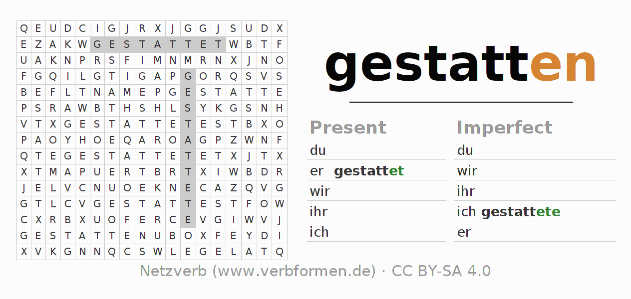 Word search puzzle for conjugation of German verb gestatten