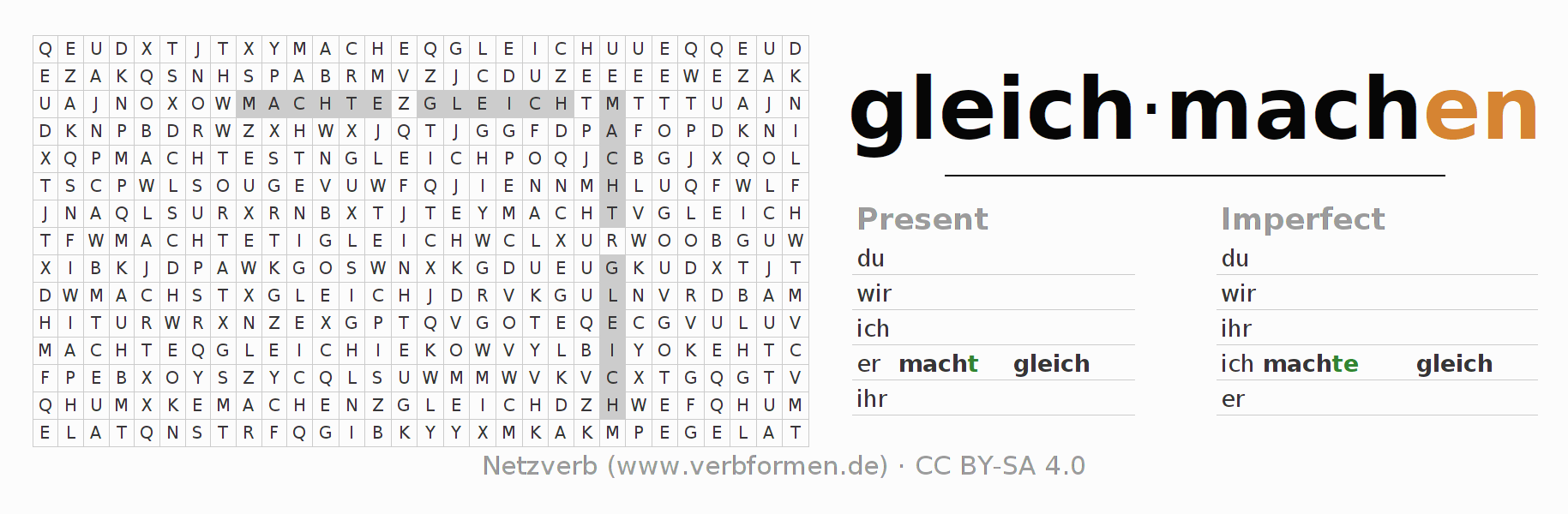 Word search puzzle for conjugation of German verb gleichmachen