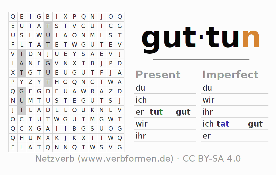 Word search puzzle for conjugation of German verb guttun