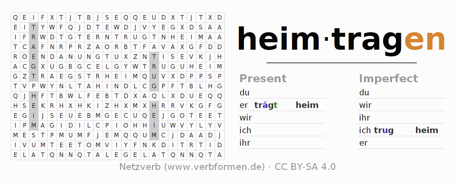 Word search puzzle for conjugation of German verb heimtragen