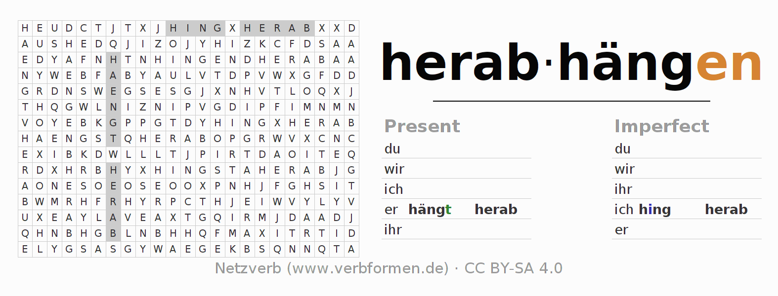 Word search puzzle for conjugation of German verb herabhängen
