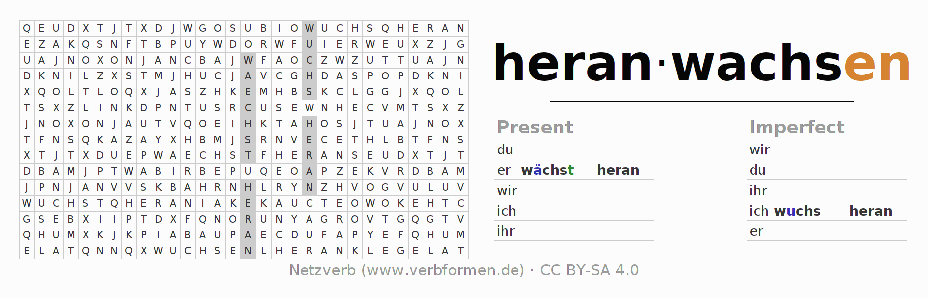 Word search puzzle for conjugation of German verb heranwachsen
