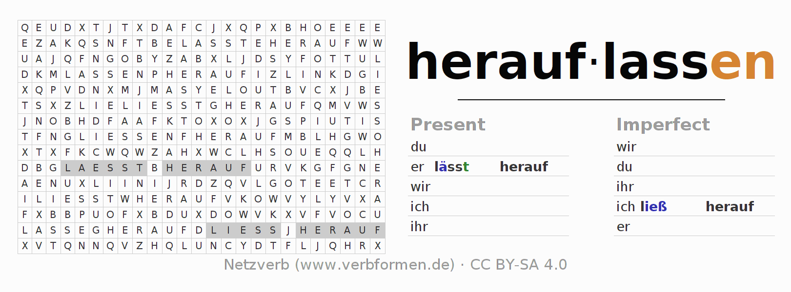 Word search puzzle for conjugation of German verb herauflassen