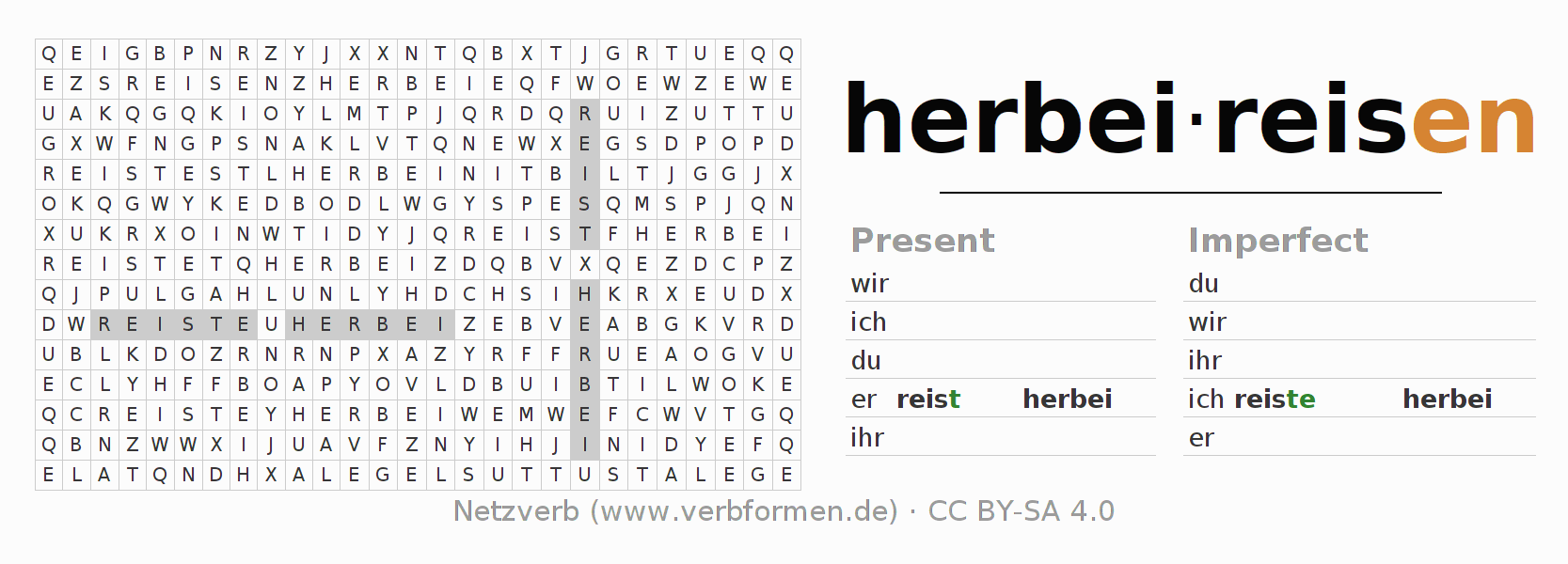 Word search puzzle for conjugation of German verb herbeireisen