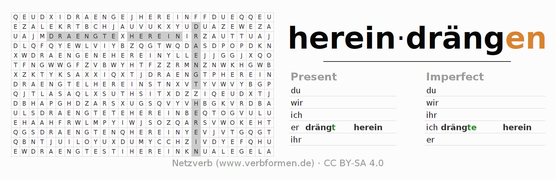 Word search puzzle for conjugation of German verb hereindrängen
