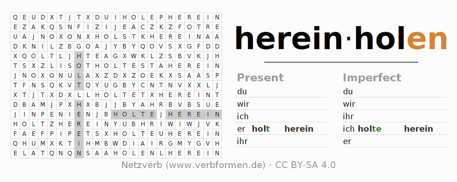 Word search puzzle for conjugation of German verb hereinholen