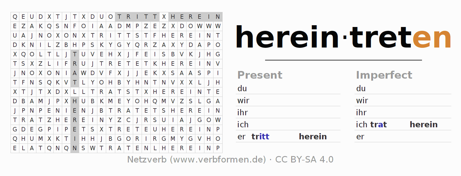 Word search puzzle for conjugation of German verb hereintreten