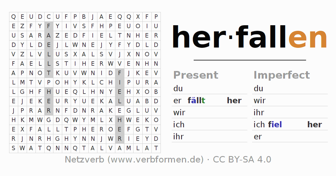 Word search puzzle for conjugation of German verb herfallen