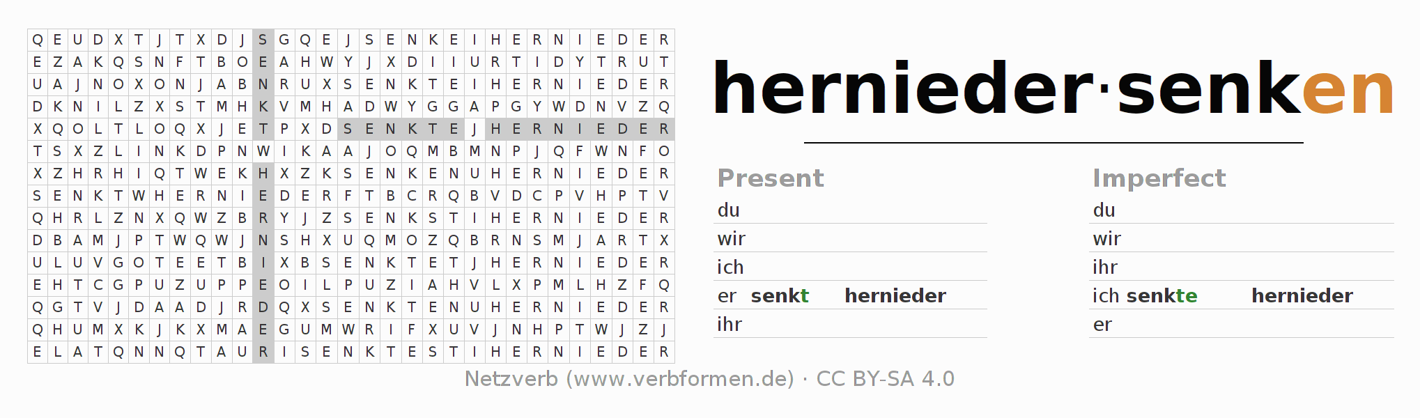 Word search puzzle for conjugation of German verb herniedersenken