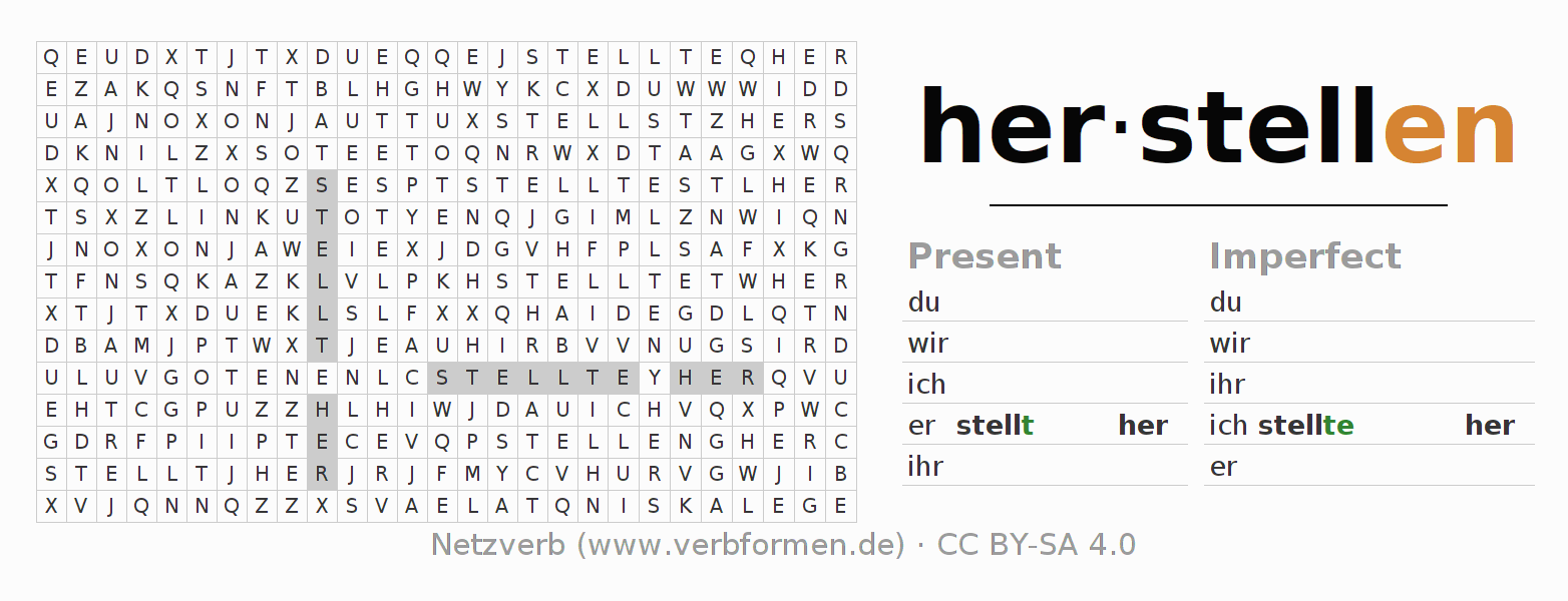 Word search puzzle for conjugation of German verb herstellen