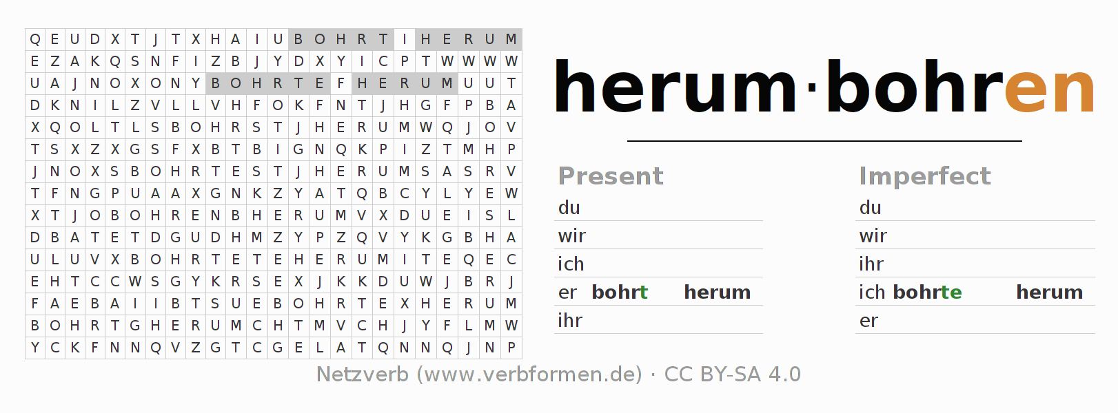Word search puzzle for conjugation of German verb herumbohren