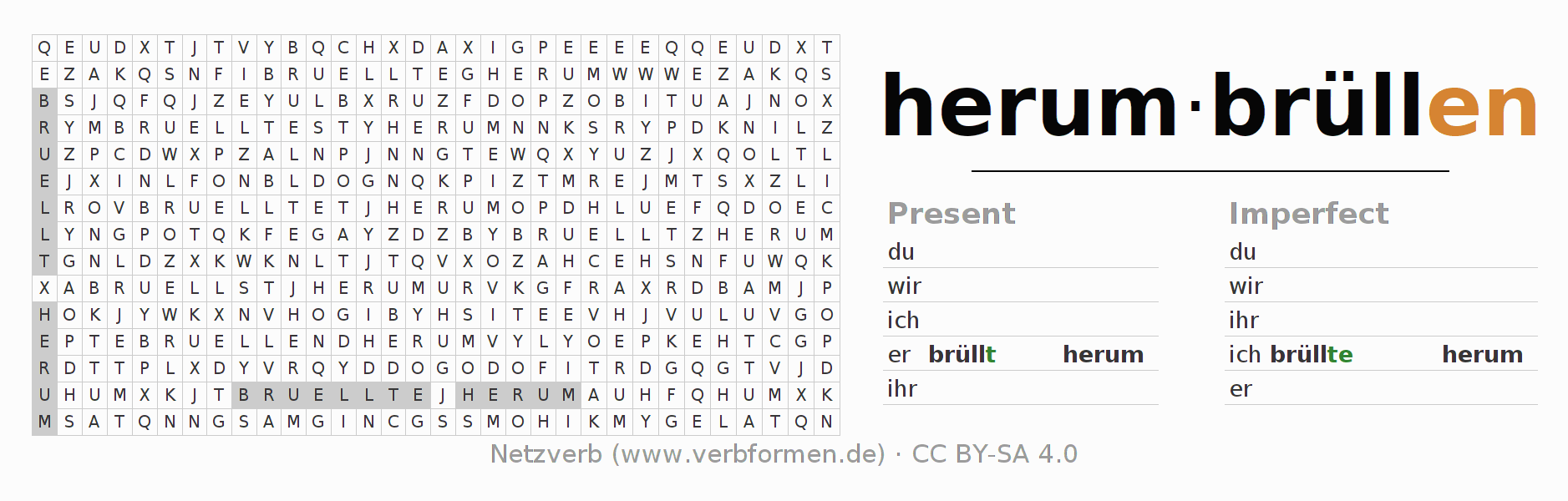 Word search puzzle for conjugation of German verb herumbrüllen