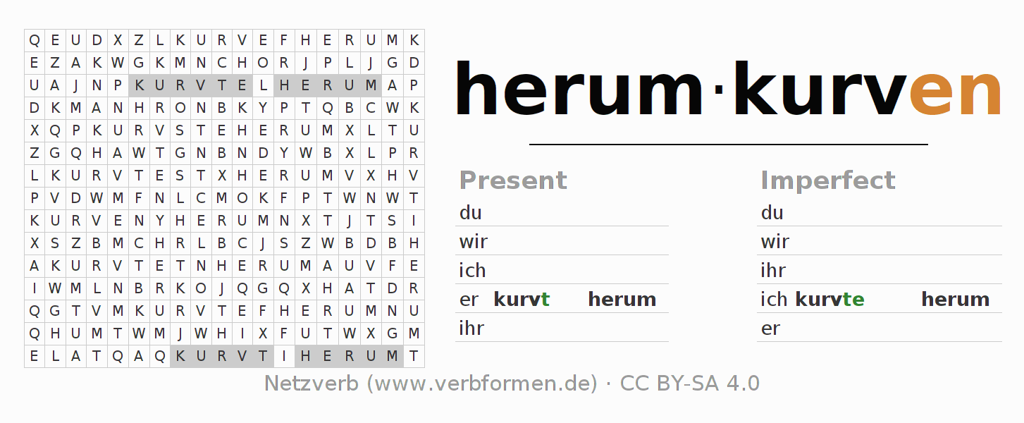 Word search puzzle for conjugation of German verb herumkurven