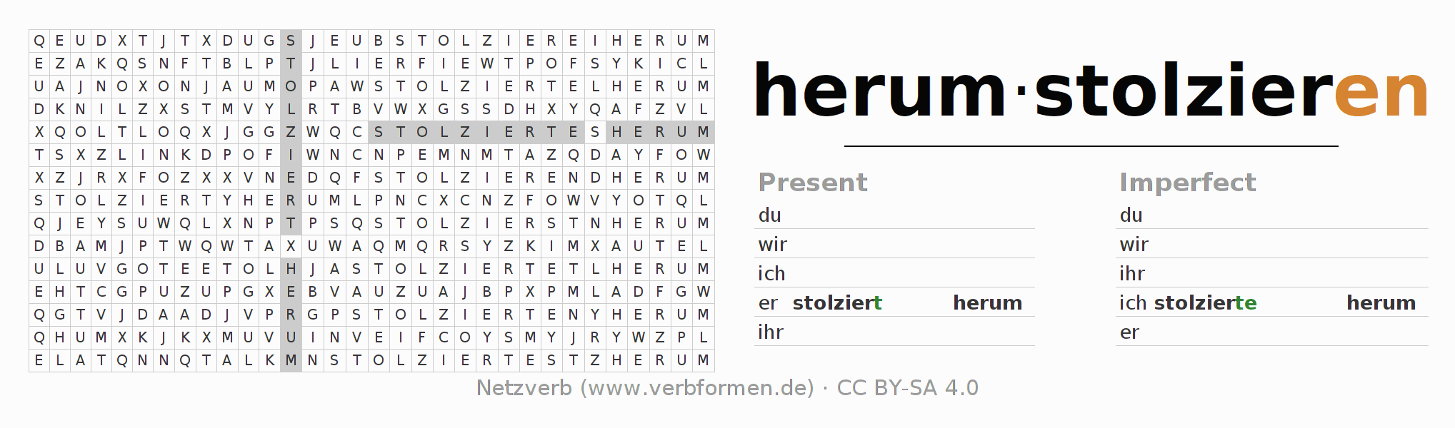 Word search puzzle for conjugation of German verb herumstolzieren