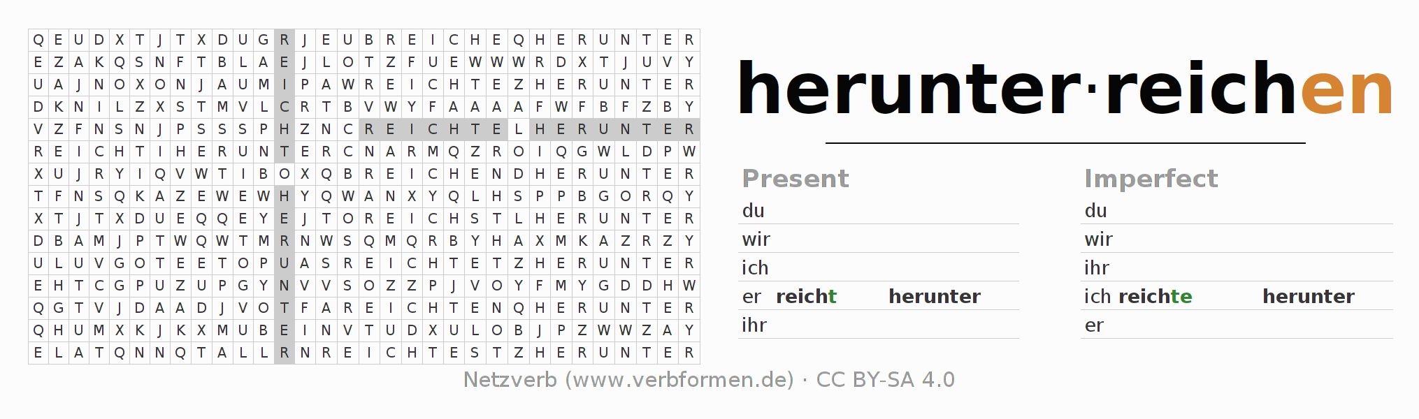 Word search puzzle for conjugation of German verb herunterreichen