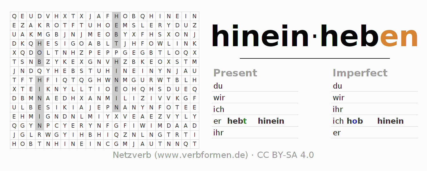 Word search puzzle for conjugation of German verb hineinheben