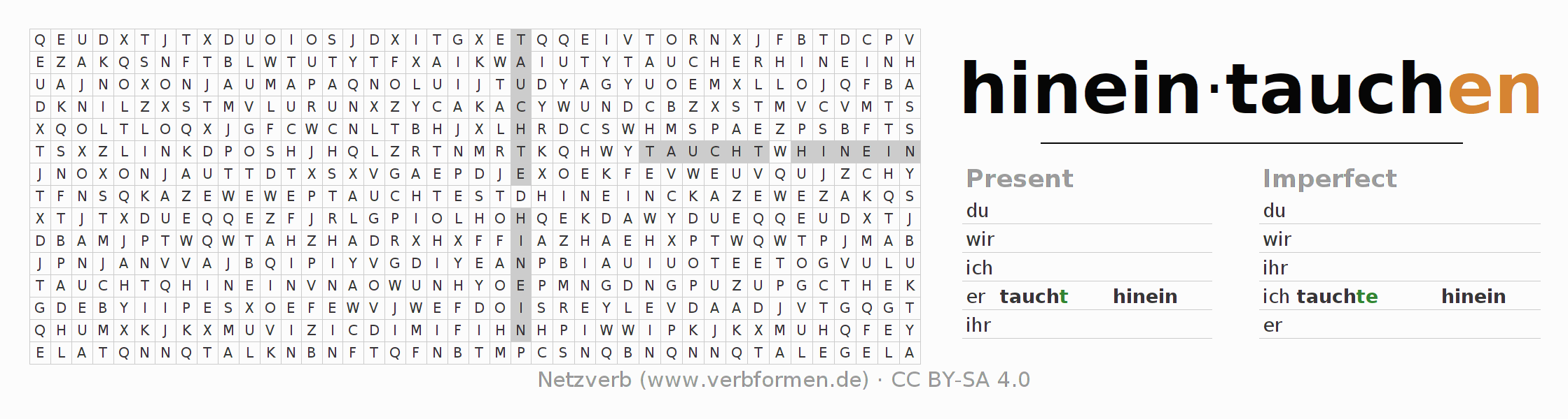 Word search puzzle for conjugation of German verb hineintauchen (hat)