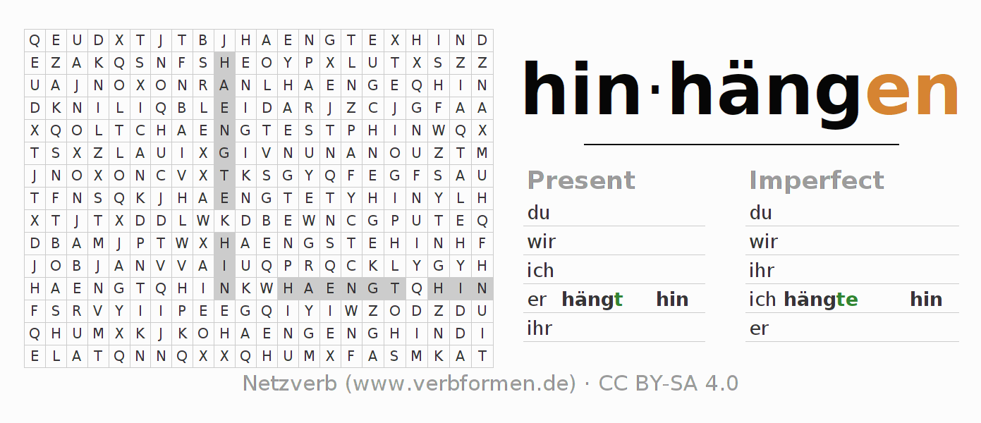 Word search puzzle for conjugation of German verb hinhängen (regelm)