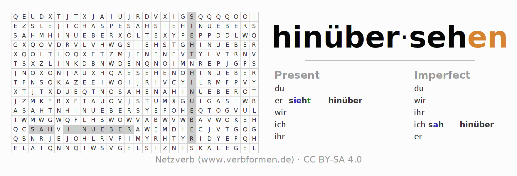 Word search puzzle for conjugation of German verb hinübersehen