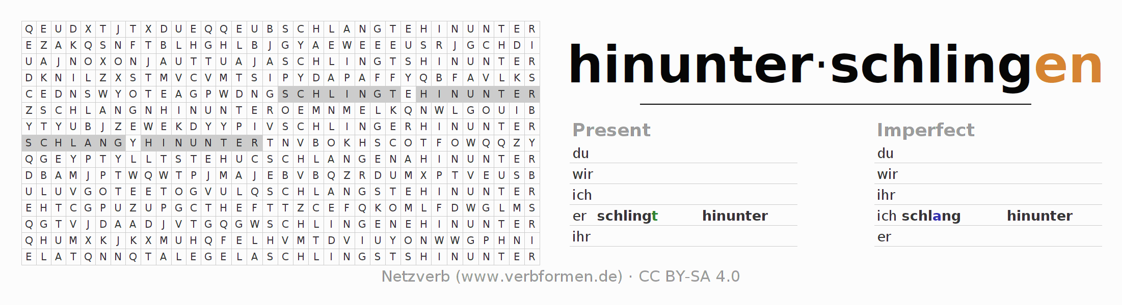 Word search puzzle for conjugation of German verb hinunterschlingen