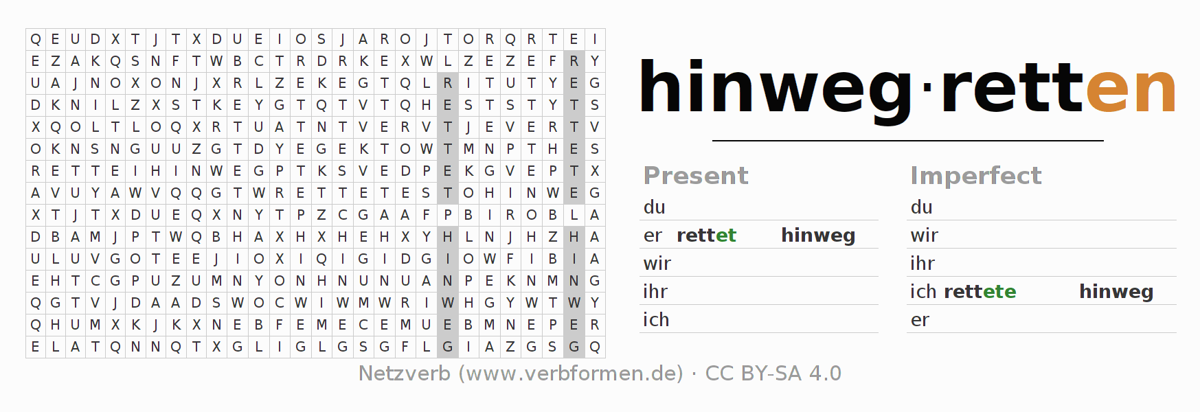 Word search puzzle for conjugation of German verb hinwegretten