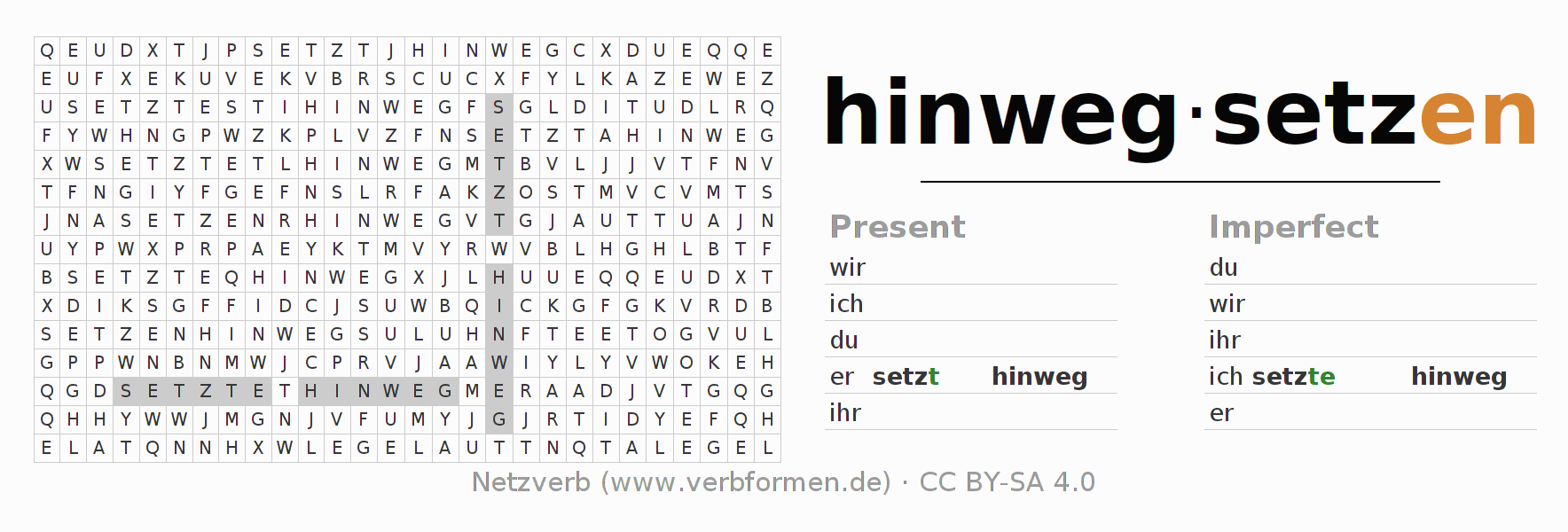 Word search puzzle for conjugation of German verb hinwegsetzen (hat)