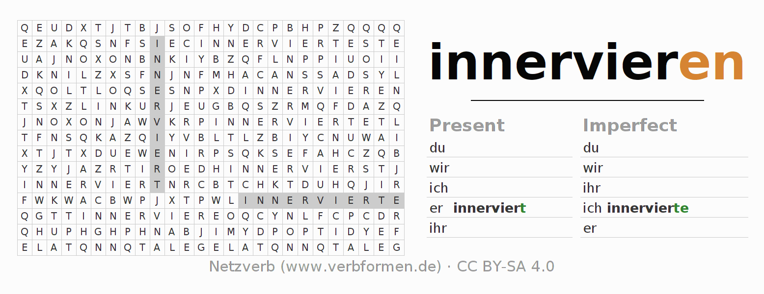 Word search puzzle for conjugation of German verb innervieren