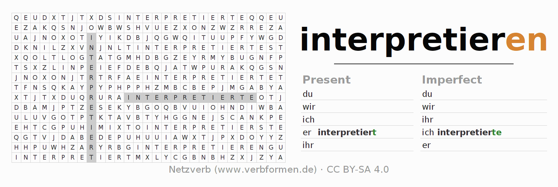 Word search puzzle for conjugation of German verb interpretieren