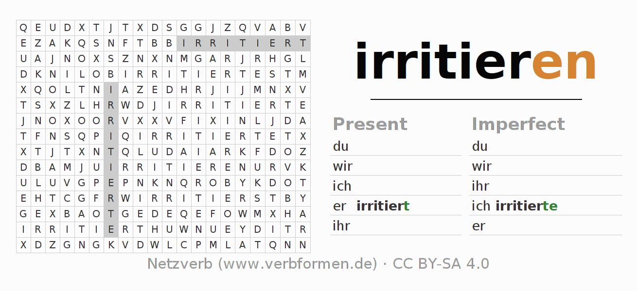 Word search puzzle for conjugation of German verb irritieren
