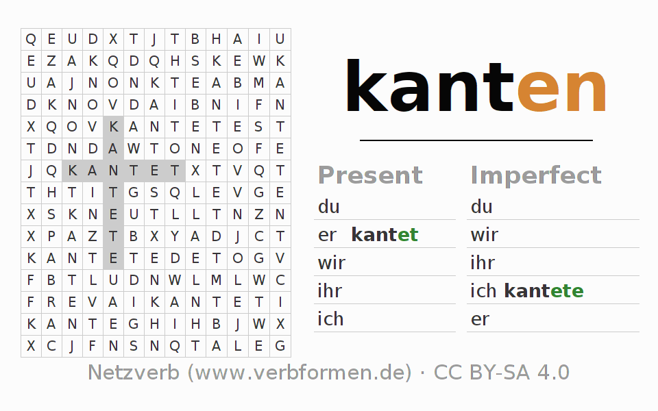 Word search puzzle for conjugation of German verb kanten