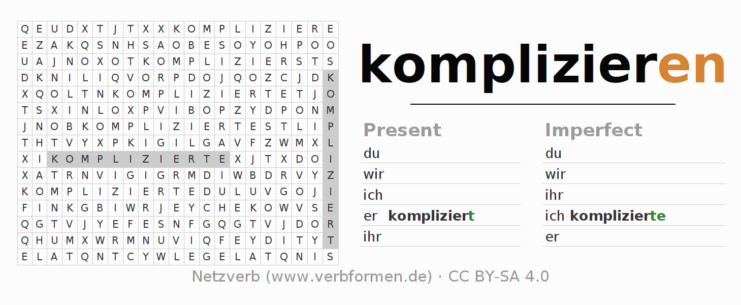Word search puzzle for conjugation of German verb komplizieren