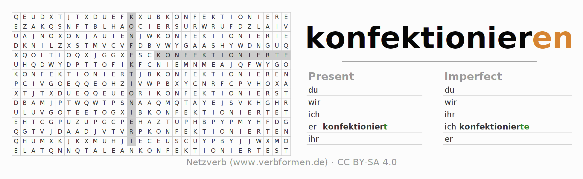 Word search puzzle for conjugation of German verb konfektionieren